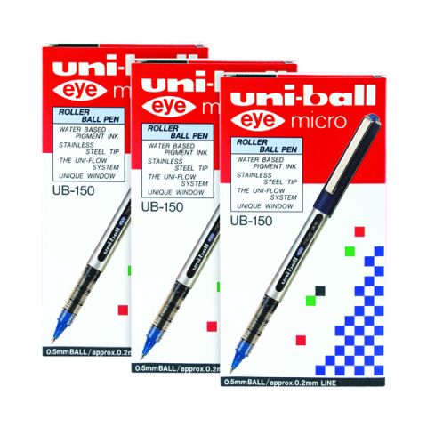 Uni-Ball UB150 Micro Eye Rollerball Pen 0.2mm Blue (12 Pack) 3For2